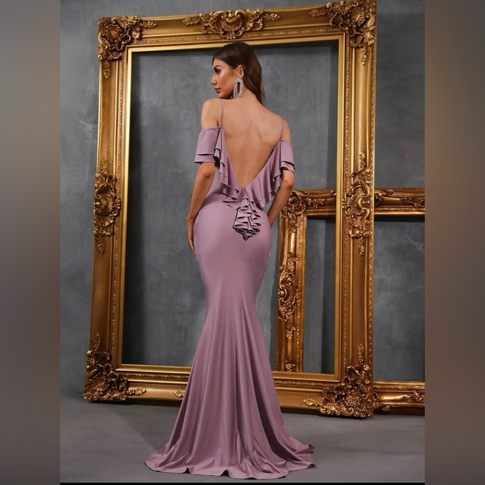 Mauve ruffle open back bodycon formal dress